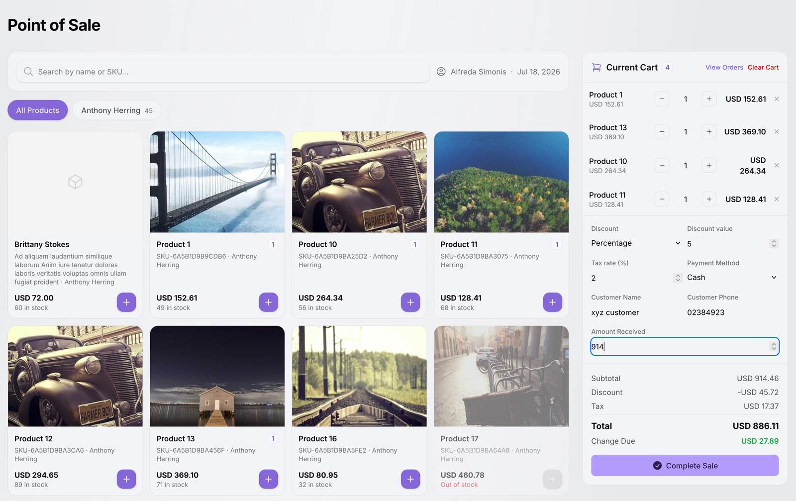 TenantSaaS Point of Sale screen with product search, category browsing, a current cart, stock visibility, discounts, tax, customer details, payment method, amount received, change due, and complete sale action.